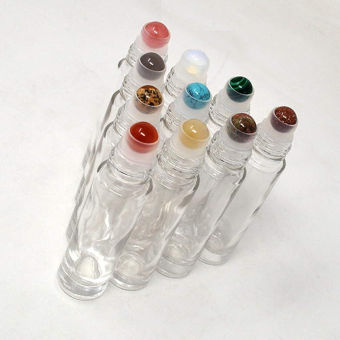 fengshuisale 10pcs Clear 10ml Empty Refillable Glass Bottles with Crystal Semiprecious Stones Essential Oil Gemstone Roller Ball Bottles with Silver Lid with Free Bag W3900 (Multi-2)
