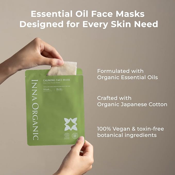 INNA ORGANIC Organic Sheet Mask - Calming & Soothing, EWG & COSMOS Certified (Pack of 5) | Green Tea & Rose Infused Skin Care | Luxury Clean Beauty
