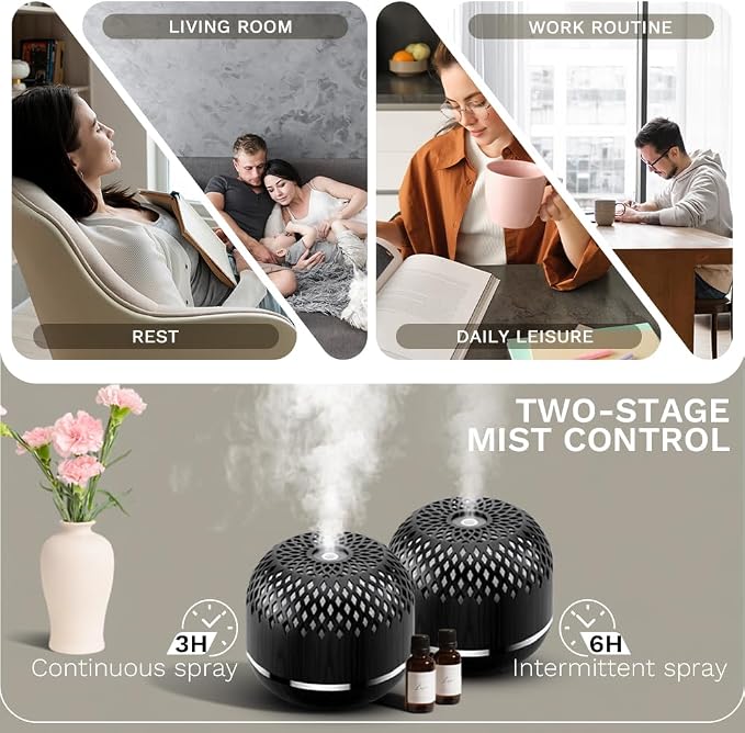 Essential Oil Diffuser 300ml for Home Bedroom, Aromatherapy Oil Diffuser with 3H 6H Timer, 7 Color Light, USB Type-C, Hollow Design, Auto Shut-Off(Dark Woodgrain, Openwork)