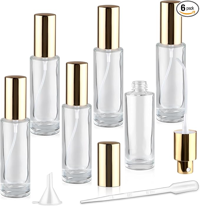 6 Pcs 30ml/1oz Glass Spray Bottle Refillable Perfume Bottles with Atomizer & Golden Lid for Perfume Cleaning Products Essential Oils