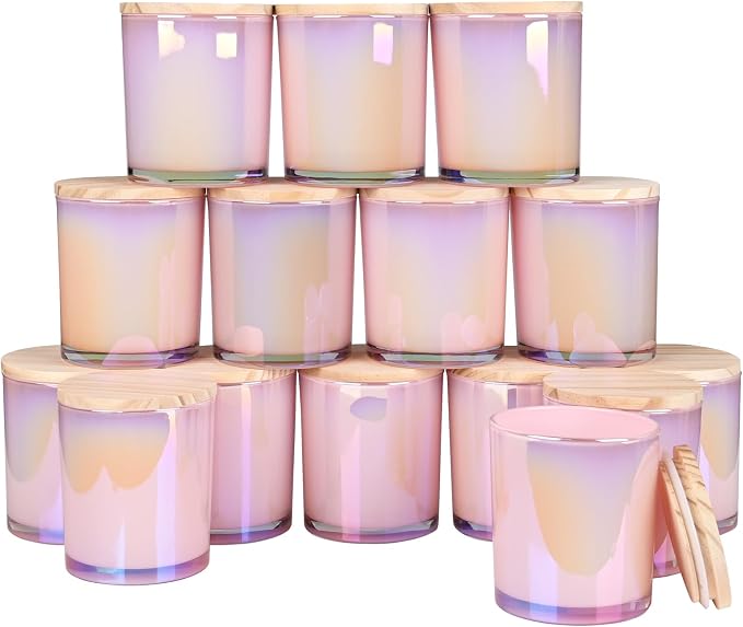 SHOWIN 10 OZ Thick Candle Jars for Making Candles 15 Pcs, Empty Jars with Wood Lids for Candle Making, Sample Container, Glitter Pink