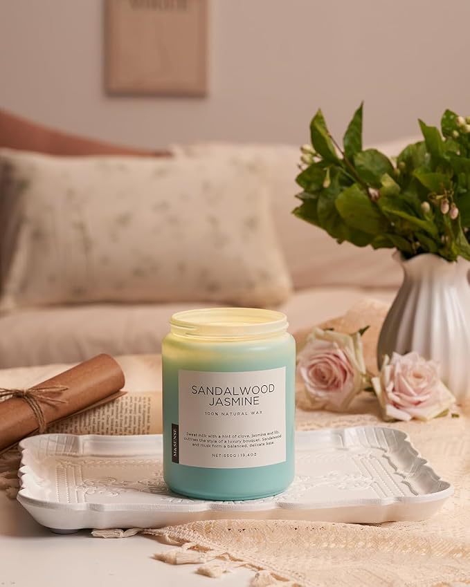 M&SENSE Sandalwood Jasmine Scented Candles for Home, 19.4oz All Natural Soy Wax, 110 Hours Long Lasting, Soy Candles Non Toxic, Spring Floral Smelling for Her, Aromatherapy Housewarming Gift for Spa