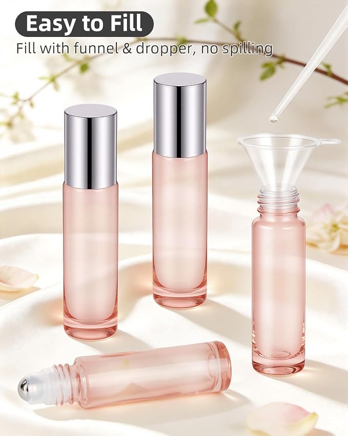 sungwoo 4 Pack Roller Bottles, 10 ml Essential Oil Glass Roller Bottles with Stainless Steel Roller Balls Rose Gold