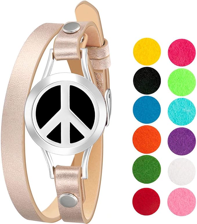 Wild Essentials Peace Sign Essential Oil Bracelet Diffuser, Leather Wrap Band, Stainless Steel Locket Pendant, 12 Color Refill Pads, Customizable Color Changing Perfume Jewelry for Aromatherapy