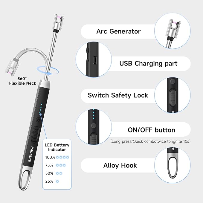 Electric Candle Lighter, USB-C Rechageable Arc Lighters for Camping, Long Lighter with 360° Flexible Neck & Safety Switch, Windproof lighters for BBQ, Gift for Mom, Wife (Black)