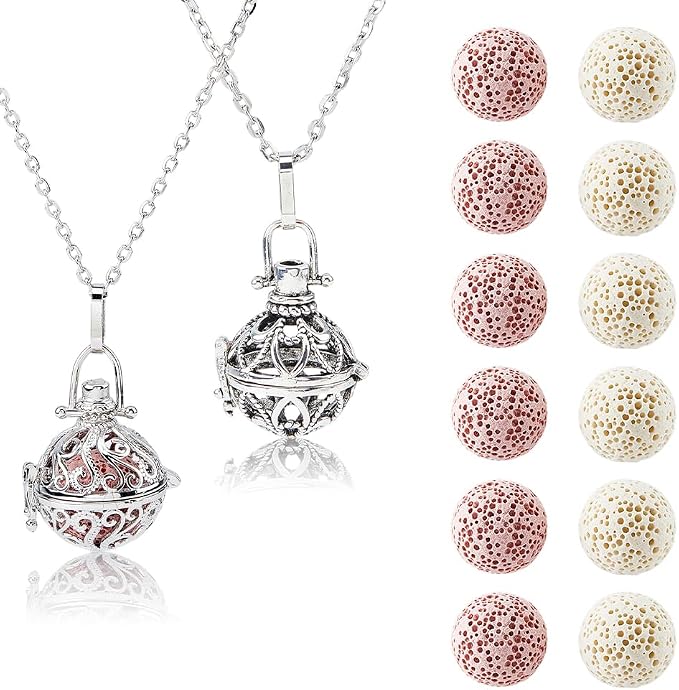 SUPERFINDINGS 2 Styles Aromatherapy Necklace Essential Oils Diffuser Locket Pendant with 12pcs Lava Rock Aromatherapy Pendant Diffuser Necklace Locket Necklaces Essential Oil Jewelry Gift