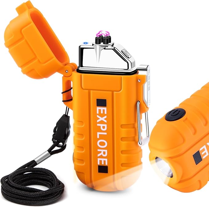 LcFun Electric Dual Arc Lighter USB Rechargeable Outdoor Windproof Flameless Plasma Lighters with Flashlight for Camping, Survival, Tactical (Orange)
