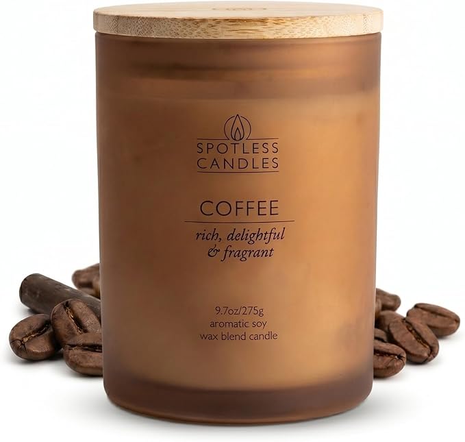 Coffee Candle; 9.7oz, 55 Hrs Burn Time, Soy Wax Brown Frosted Jar with Crackling Wooden Wick & Luxury Gift Box with Gold Foil Strip: Coffee Scented Candle by Spotless Candles