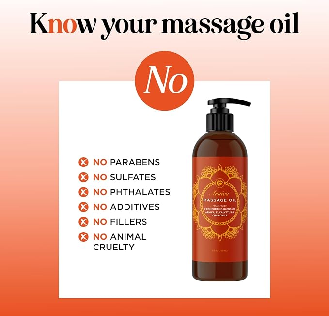 Arnica Massage Oil for Muscle Relaxing - Comforting Sore Muscle Massage Oil for Full Body Relief with Soothing Chamomile Lavender Peppermint & Rosemary Essential Oils - Vegan & Non GMO (8 Fl Oz)