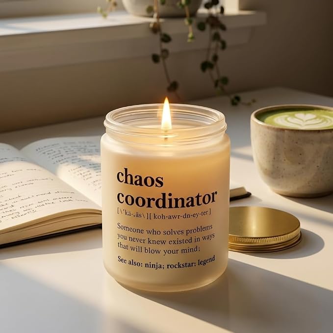 Chaos Coordinator Gifts for Women, Boss, Coworker - Funny Scented Candle Gift - Sage & Sea Salt Soy Wax Candle in Frosted Jar (8 oz) - Office Desk Decor & Appreciation Gift