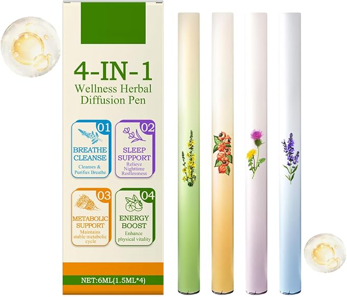 Mullein Herbal Diffuser Pen, Natural Aromatherapy Air Inhaler Stick with Mullein Thyme Mint, Four Aroma Variety Set,Air Freshening, Relaxed Feelings, Portable Pocket Size (4 Pack)