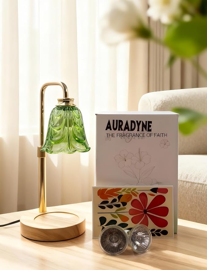Candle Warmer Lamp, Flower Glass Candle Lamp with Timer, Birthday Gifts for Mom Women, Dimmable Height Adjustable Home Gifts, Home Decor for Home Bedroom Office Fragrance (Green Flower)