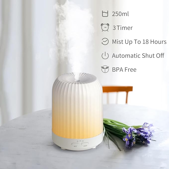 Essential Oil Diffuser for Bedroom, Quiet Humidifiers for Home, Ultrasonic 250ML Small Aromatherapy Diffuser, 7 LED Color Safety Auto-Off Timer, for Large Baby Bedroom, Hotel, Plant (White Pattern)