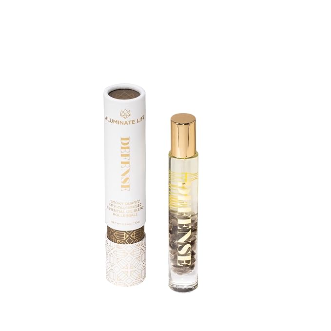 Essential Oil Rollerballs, .34 OZ, Defense - Smoky Quartz Crystal Infused - Scents of Frankincense, Neroli, & Sage - Aromatherapy Roll On Oils, Skin Care, Massage