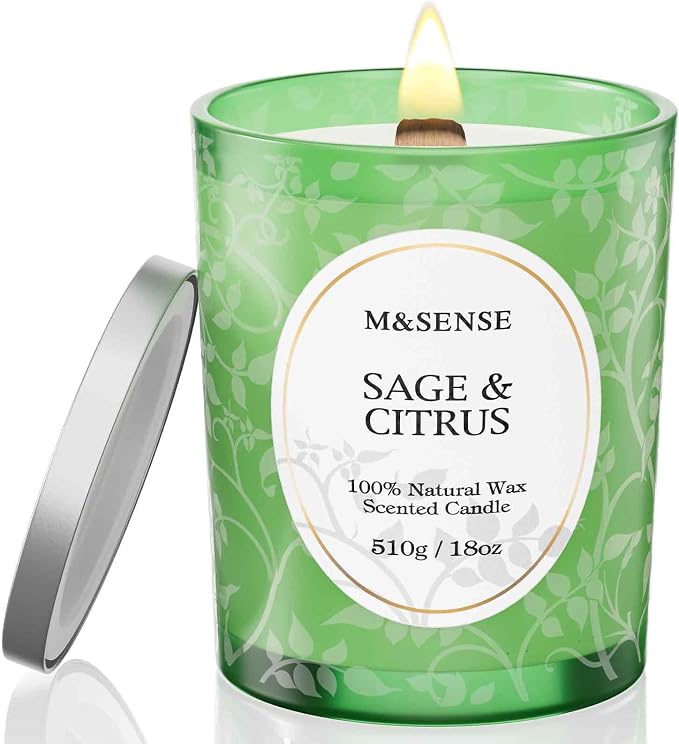 M&SENSE Sage Citrus Soy Candle, Cracking Wooden Wick 18oz | 100 Hours Long Lasting, Clean Burn, Winter Aromatherapy, Non-Toxic, Relaxing Gifts For Women