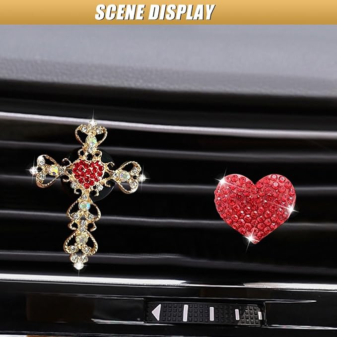 2PCS Bling Cross & Heart Car Dashboard Air Vent Trim Clip, Sparkly Rhinestone Car Air Vent Clips, Diamond Auto Diffuser Charm Clip, Auto Interior Decoration Accessory for Women Girls (Red)