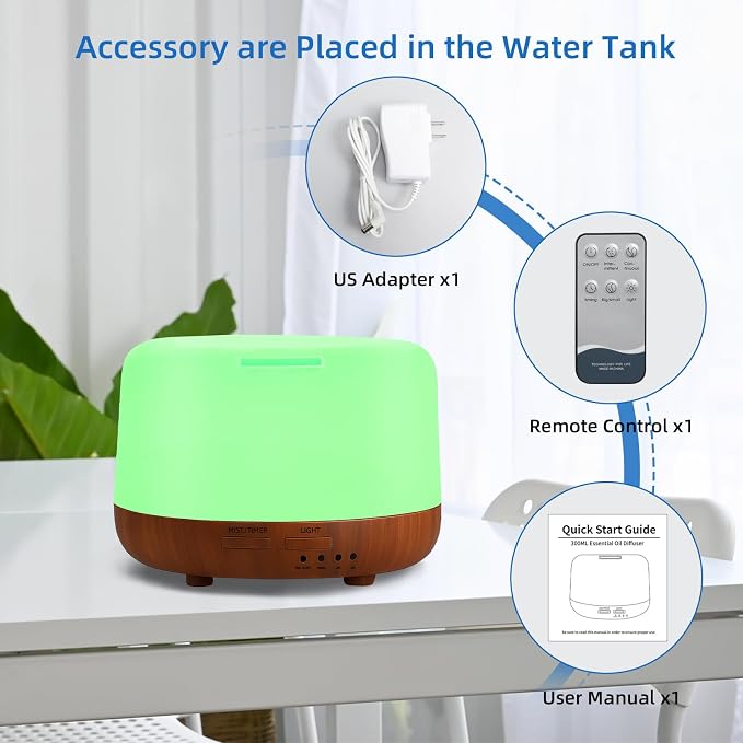 SPLITSKY 300ML Essential Oil Diffuser Aromatherapy Diffuser, Quiet 8 Hours Operation, 7-Color LED Light, 4 Timer, Remote Control, Auto-Off, Easy to Clean, for Bedroom, Living Room, Office, Home Gifts