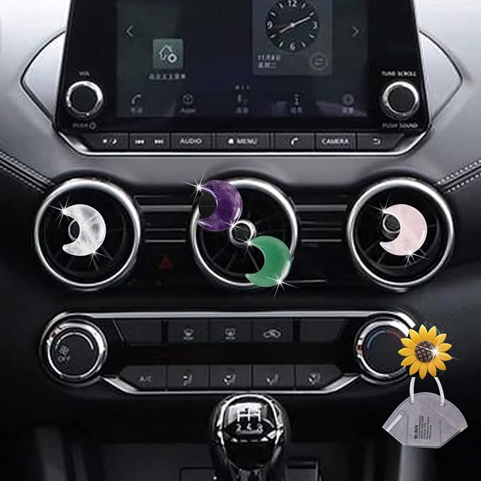 Crystal Moon Air Vent Clips,4 Pcs Quartz Moon Style Car Air Fresheners Vent Clips Car Diffuser Vent Clip Cute Cars Decoration Car Interior Decor Accessories for Women Men + Cute Sunflower Mask Hook
