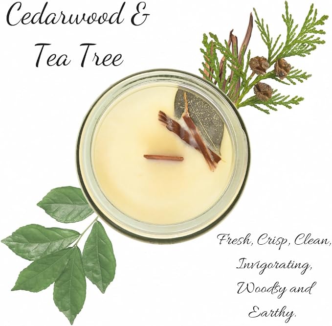 Cedarwood & Tea Tree Scented Candle, Hand Crafted Essential Oil Soy Candles with Flickering Wood Wick, Garnish, 23 Hour Burn Time, Natural Aromatherapy, Glass Jar with Lid, 3oz by Lathered Artisan