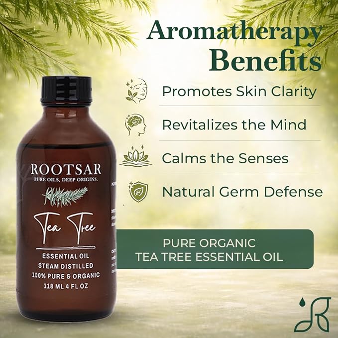 Tea Tree Essential Oil – 100% Pure Organic Tea Tree Oil, Steam Distilled, 4 FL OZ / 118 ML – Premium Essential Oil for Diffuser, Aromatherapy, Massage, Skin Care, Candle & Soap Making