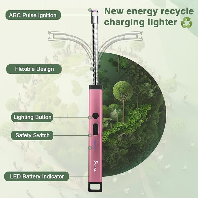 SUPRUS Rechargeable Candle Lighter Electric Arc Triple Safety Long Lighter Stainless Steel Shell & Hanging Hook (Pink)