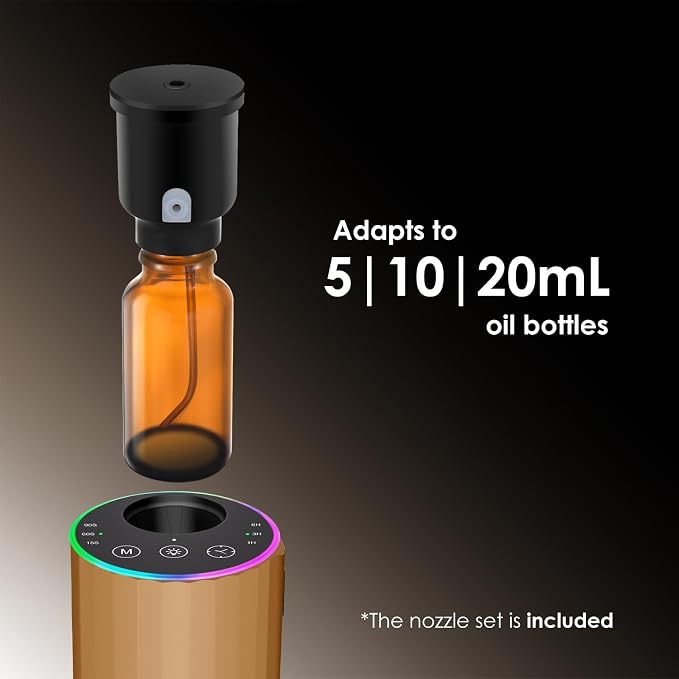 Waterless Essential Oil Diffuser, 7 Colors LED Light, Battery Powered Mini Scent Air Machine, Aromatherapy Mist Diffuser for Home Room Car Office，Black Aluminum Alloy (Gold-LED)