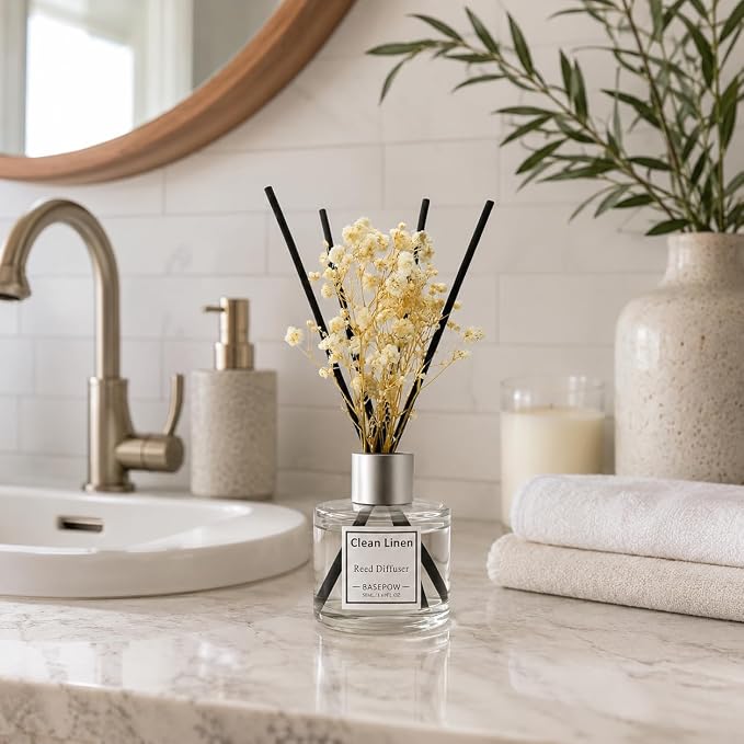 Reed Diffuser Set of 3 Pack,Clean Linen,Eucalyptus&Mint,White Jasmine Scented Oil Diffuser with 12 Sticks,Reed Diffuser for Home Living Room Office Bathroom Air Freshener,50ml x 3