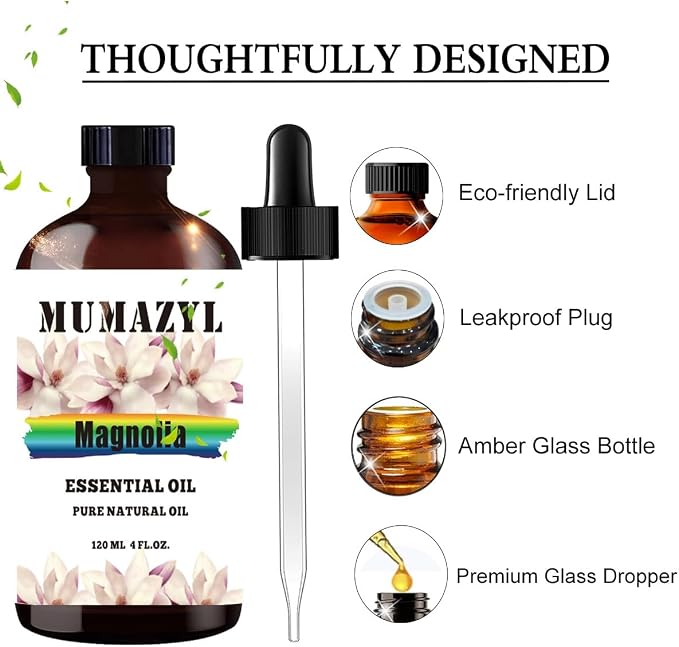 Magnolia Essential Oil, Magnolia Oil 4 Fl Oz 120ML for Diffuser Humidifier Yoga Cleaning DIY Candle Soap Making MUMAZYL Essential Oils