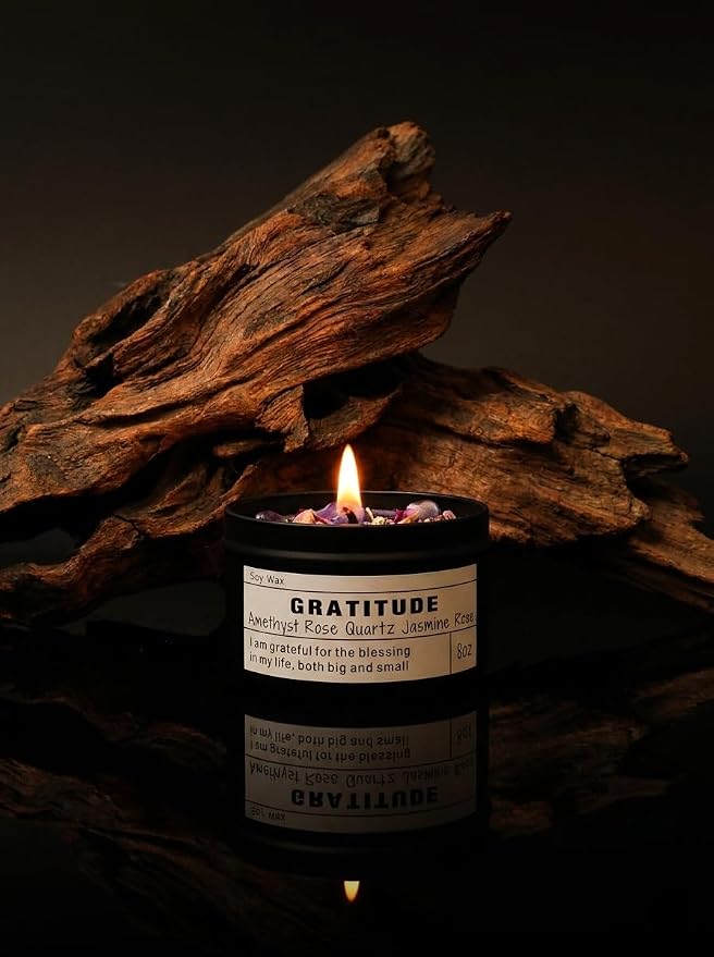 Gratitude Candle, Thank You Gift, Appreciation Gift for Her, Self Care, Meditation, Spiritual, Crystal Candle. (8oz)