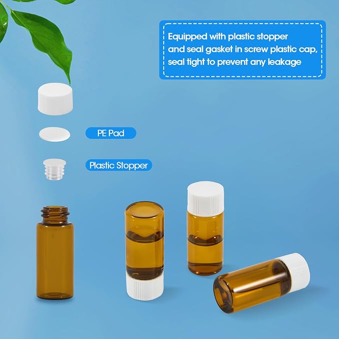 12PCS 10ml Amber Glass Vials with White Screw Caps and Plastic Stoppers, Leak-Proof Small Liquid Sample Bottles for Essential Oils, Perfumes, Reagents
