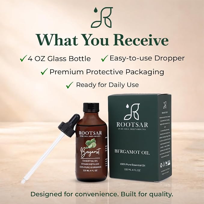 Bergamot Essential Oil – 100% Pure Organic Bergamot Oil, Cold Pressed, 4 FL OZ / 118 ML – Premium Essential Oil for Diffuser, Aromatherapy, Massage, Skin Care, Candle & Soap Making