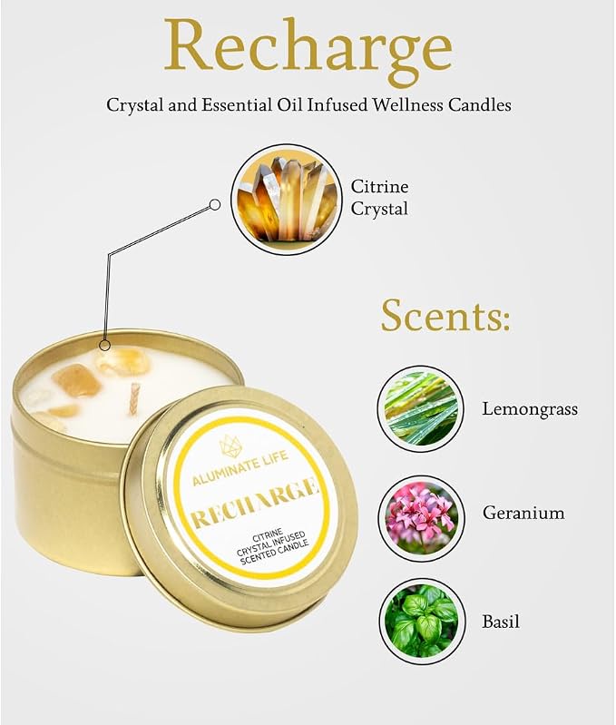 Luxury Candle Tin, 6 OZ, Recharge - Citrine Crystal Infused - Scents of Lemongrass, Geranium, and Basil - Happiness, Manifestation, & Abundance - Coconut Wax, Essential Oils
