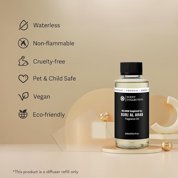 Dubai Luxury Scent Diffuser Oil 200ml – Hotel Style Fragrance Oil for Home, Large Room – Long Lasting Aroma Oil for Ultrasonic & Waterless Diffusers – Grapefruit, Freesia, Amber
