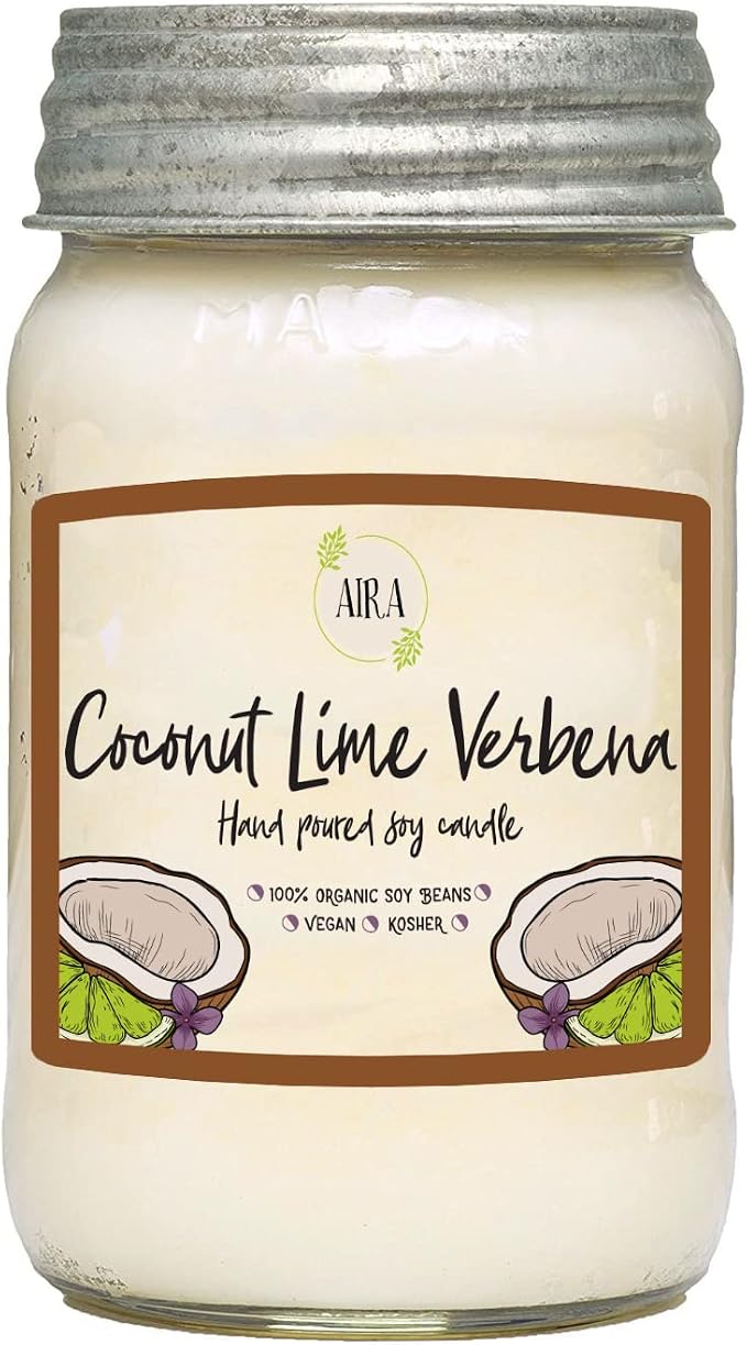 Aira Soy Candles - Organic, Kosher, Vegan, in Mason Jar w/Therapeutic Grade Essential Oil Blends - Hand-Poured 100% Soy Candle Wax - Paraffin Free, Burns 110+ Hours - Coconut Lime Verbena - 16 Ounces