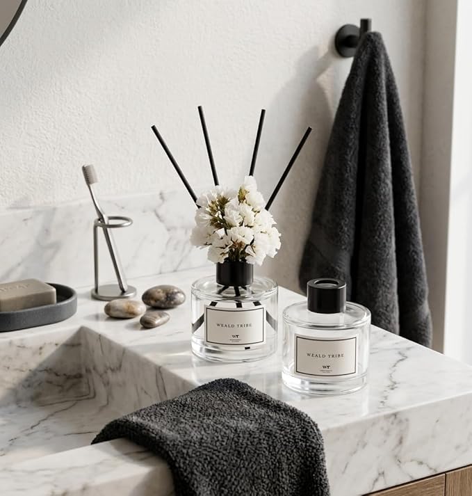 WEALD TRIBE Real Flower Reed Diffuser Set of 3 for Bathroom Air Fresheners, Oil Defusers | Fresh Linen/Ocean/Eucalyptus & Mint Scent(1.7 fl oz Each Pack) Home Fragrance with 12 Stick | Shelf Decor