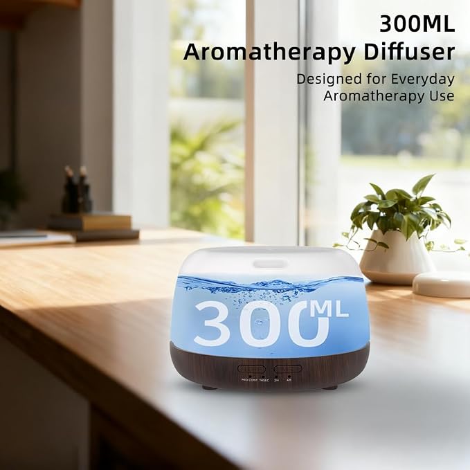 300ML Essential Oil Diffuser with Remote Control,Quiet Ultrasonic Cool Mist Diffuser,7 Color LED Light,Timer&Auto Shut-Off for Bedroom,Office,Yoga & Spa–Black Walnut Grain
