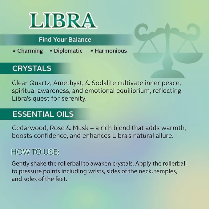 Libra Zodiac Crystal-Infused Essential Oil Rollerball, Aromatherapy Blend - Harmony & Calm, Premium Astrology Sign Birthday Gift, Natural Therapeutic Roller, 10 mL