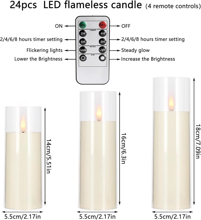 YOROXRG Flickering Flameless Candles Battery Operated with Remote and 2/4/6/8 H Timer Plexiglass LED Pillar Candles with Realistic Moving Wick for Home Decor Pack of 48 (D2.2 xH 5" 6" 7") (Ivory)