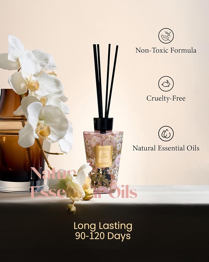 M&SENSE Rose Amber Reed Diffuser Set - 8.79fl oz Home Fragrance Non-Toxic Essential Oil Diffuser with All Natural Sticks, Air Freshner Gifts for Bathroom Bedroom Office Home Decor