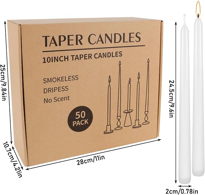 WPONSZU 50 Pack White Taper Candles, 7-8 Hours Burn Time, Unscented, Smokeless and Dripless, 4/5 x 10 Inch for Christmas,Household,Dinner,Wedding,Valentine's Day,Party and Home Décor Candlesticks