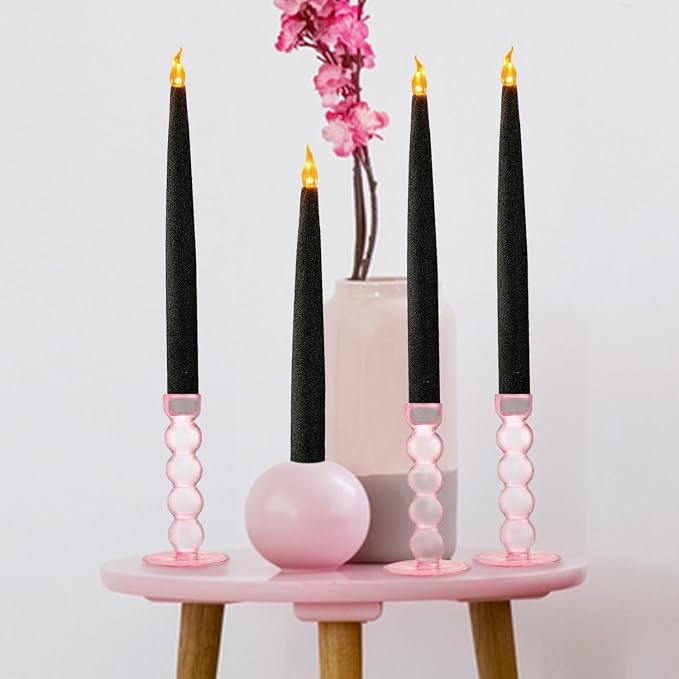 FURORA LIGHTING Black Glitter LED Taper Candles, 4-Pack, 6/18 Timer, Batteries Included