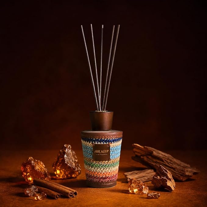 Airkeep Reed Diffuser Set, Moroccan Amber 5.1 fl oz (150 ml), Long Lasting Home Fragrance with Reed Diffuser Sticks, Boho Decorative Room Diffuser for Bathroom, Bedroom, Living Room & Office