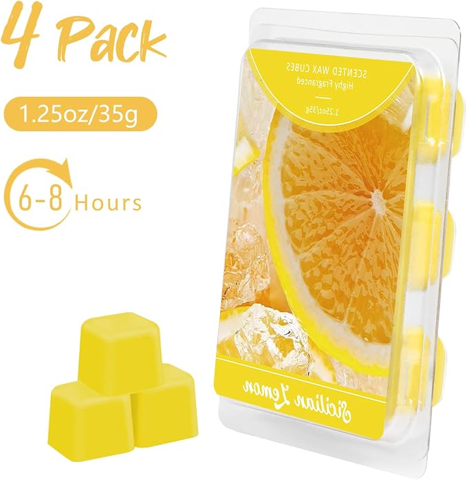 STRN Wax Melts Soy Wax Cubes 4 Pack Sicilian Lemon Scented, Long-Lasting Fragrance Scented Wax Cubes for Warmers Natural Soy Wax for Candle Wax Melts (4 x 1.25oz)