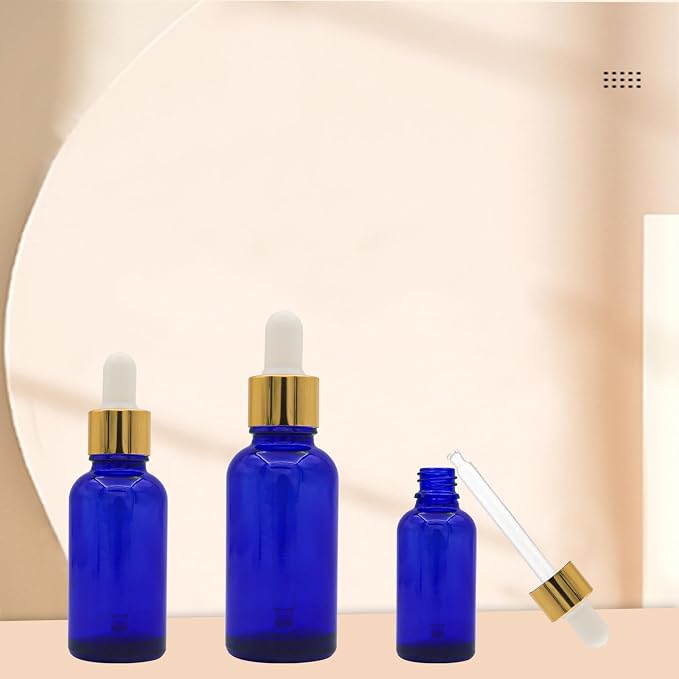 12 Pack Blue Glass Dropper Bottle, 1 oz, with Eye Dropper and Gold Cap, Leak Proof Travel Bottle for Essential Oils/Chemistry Lab Chemicals/Cologne and Perfume