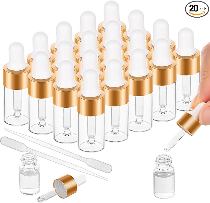 20 Pack Mini Dropper Bottle for Cuticle Oil, 3ml Small Sample Essential Oil Dropper Bottles for Travel, Clear Empty Vails for Cosmetic Perfume