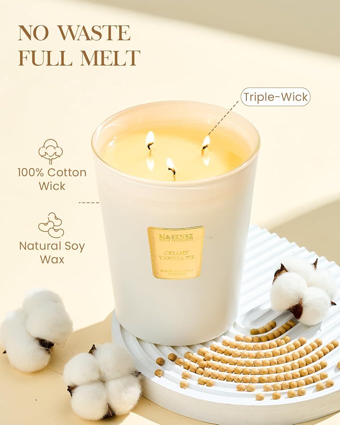 M&SENSE Creamy Vanilla Pie Soy Candle, 35oz 3-Wick 150H, Sweet Large Aromatherapy Candle, Birthday Housewarming Gift