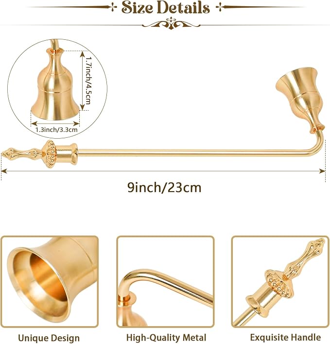 Candle Snuffer, 9-Inch Long Handle for Safe Flame Extinguishing, Smoke-Free & Splash-Free, Aluminum Metal Candle Wick Dipper & Extinguisher for Jar, Pillar, Scented Candles (Gold, 2 Pcs)