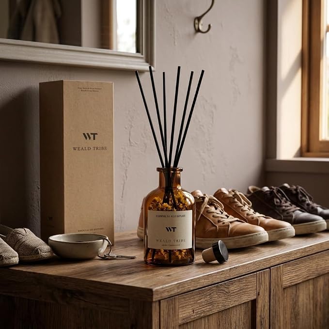 WEALD TRIBE Reed Diffuser Set for Bathroom Air Fresheners, Oil Diffuser Sticks with Flower | Lemongrass Scent 4.0 fl oz Home Fragrance with Sticks Defusers | House Bedroom Office Shelf Decor