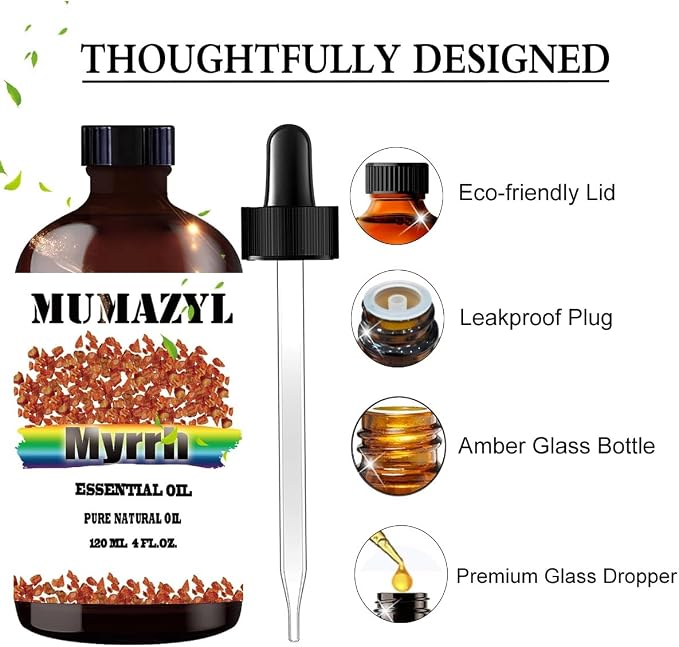 Myrrh Essential Oil, Myrrh Oil 4 Fl Oz 120ML for Diffuser Humidifier Yoga Cleaning DIY Candle Soap Making MUMAZYL Essential Oils