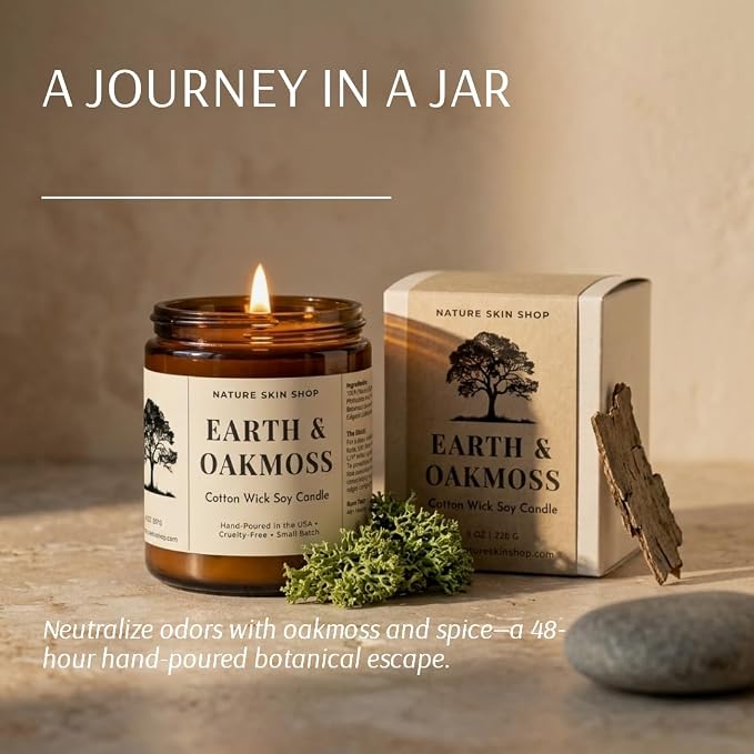 Nature Skin Shop Earth and Oakmoss Artisan Soy Candle Woodsy Aromatherapy Home Fragrance Vegan Cotton Wick 8 oz